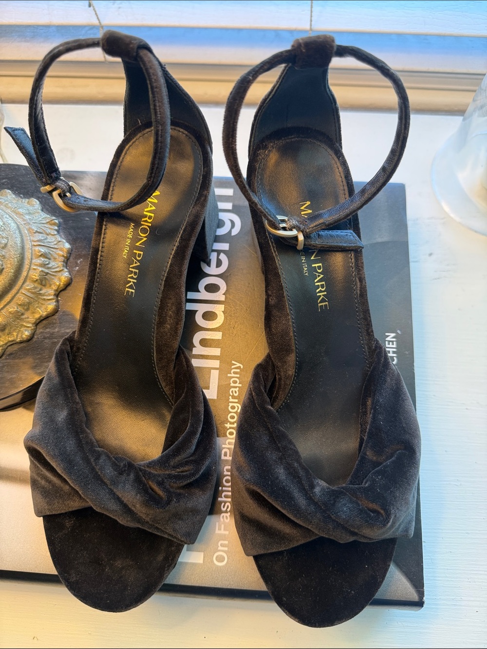 Marion Parke Dark Forest Green Velvet Block Heel Sandals 37